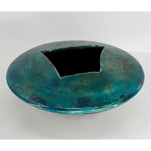 Turquoise Blue Signed Raku Sculpture Pottery Vase Bowl Iridescent Drip Glaze 8" - Picture 4 of 16